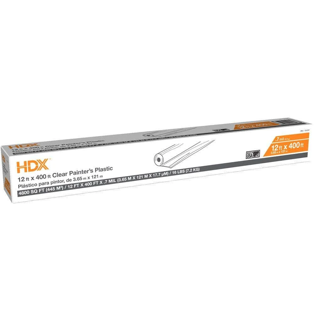 HDX 12 ft. x 400 ft. Clear 0.7 mil. Plastic Sheeting 1 HDX 12 ft. x 400 ft. Clear 0.7 mil. Plastic Sheeting