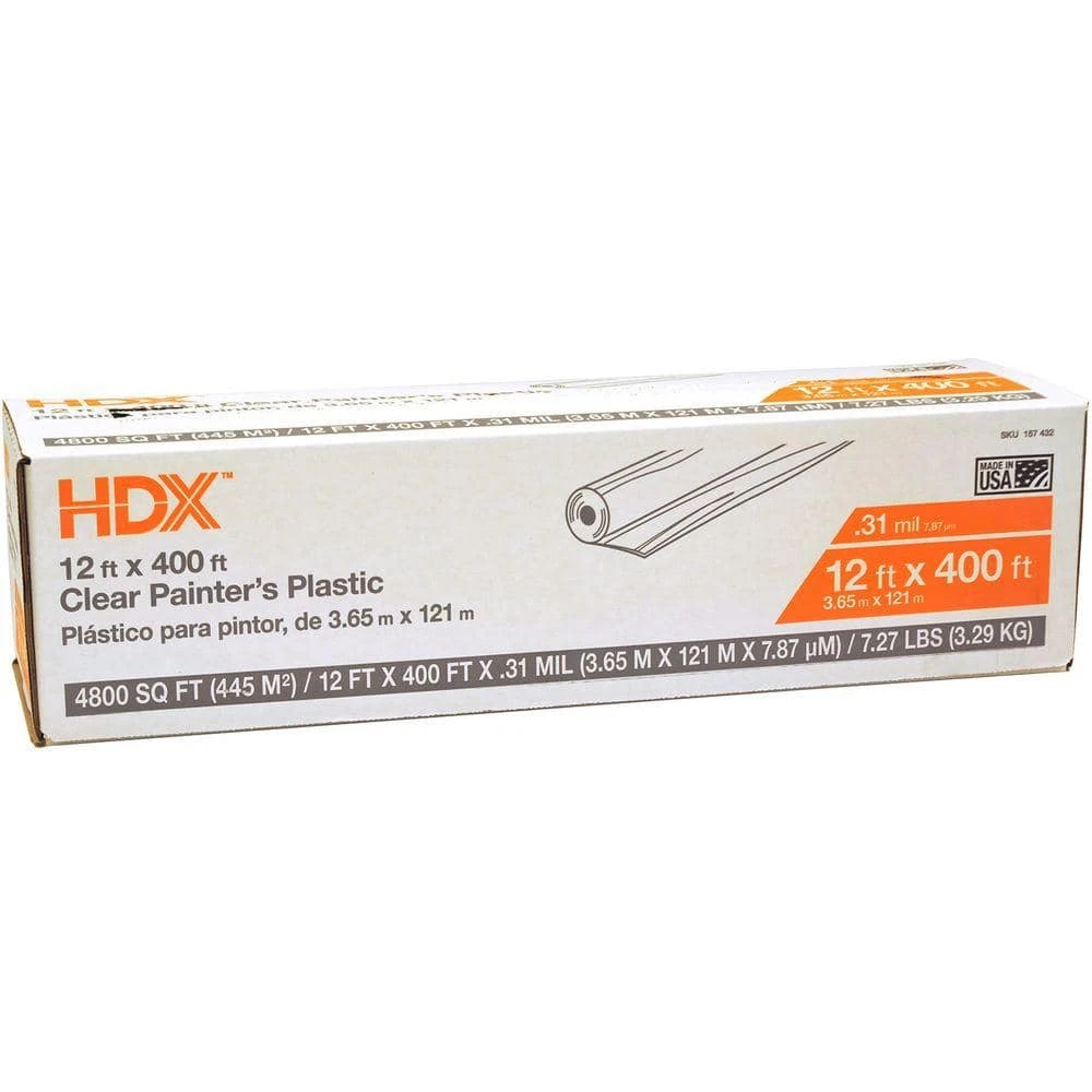 HDX 12 ft. W x 400 ft. L 0.31 mil High Density Painters Plastic Sheeting 1 HDX 12 ft. W x 400 ft. L 0.31 mil High Density Painters Plastic Sheeting