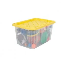 HDX 27 Gal. Storage Tote in Clear with Yellow Lid -EquipEase Shop clear yellow hdx storage bins 206231 1f 1000