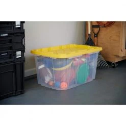 HDX 27 Gal. Storage Tote in Clear with Yellow Lid -EquipEase Shop clear yellow hdx storage bins 206231 d4 1000