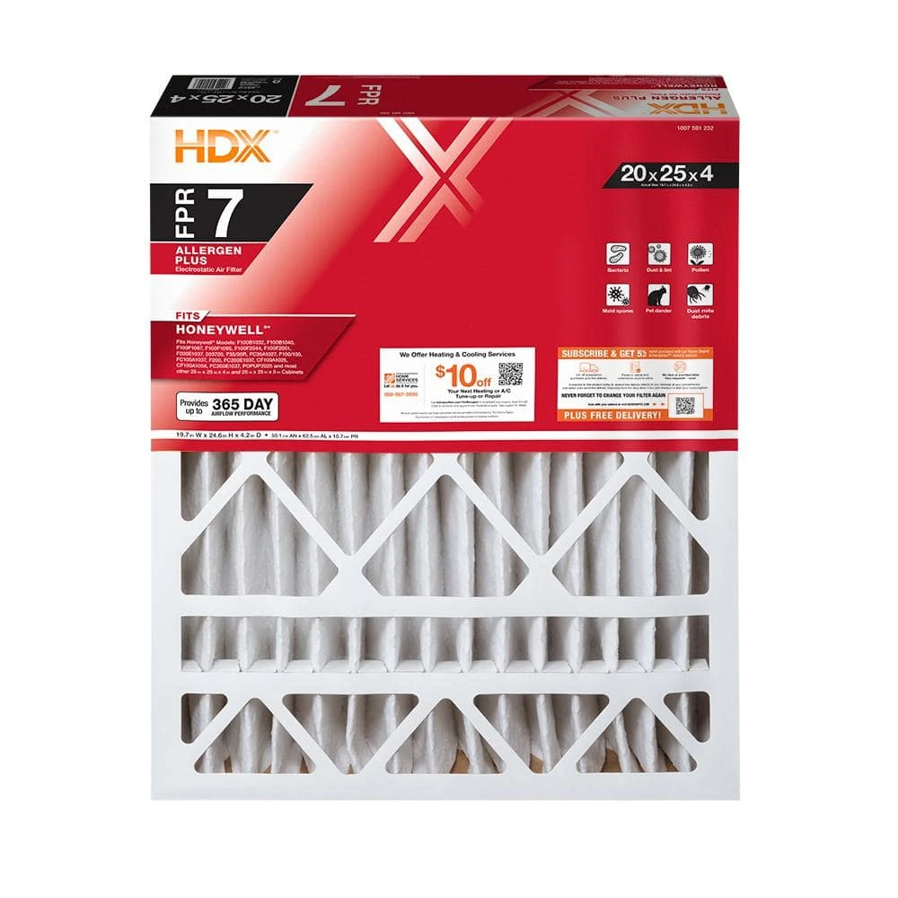 HDX 20 in. x 25 in. x 4 in. Honeywell Replacement Pleated Air Filter FPR 7 1 HDX 20 in. x 25 in. x 4 in. Honeywell Replacement Pleated Air Filter FPR 7