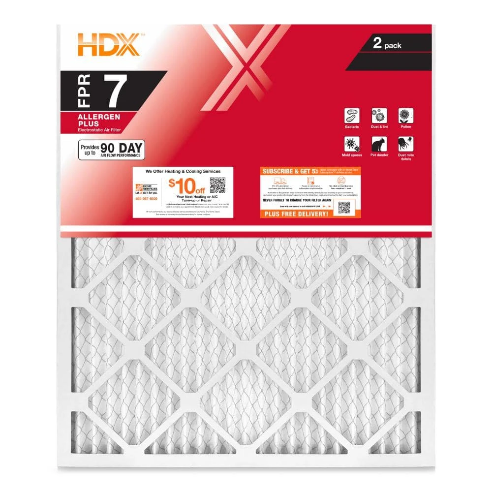 HDX 18 in. x 20 in. x 1 in. Allergen Plus Pleated Air Filter FPR 7 (2-Pack) 1 HDX 18 in. x 20 in. x 1 in. Allergen Plus Pleated Air Filter FPR 7 (2-Pack)
