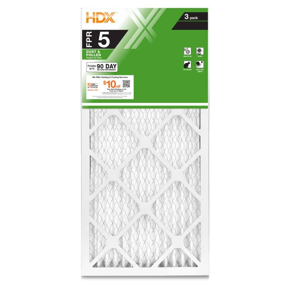 HDX 10 in. x 20 in. x 1 in. Standard Pleated Air Filter FPR 5 (3-Pack) 1 HDX 10 in. x 20 in. x 1 in. Standard Pleated Air Filter FPR 5 (3-Pack)