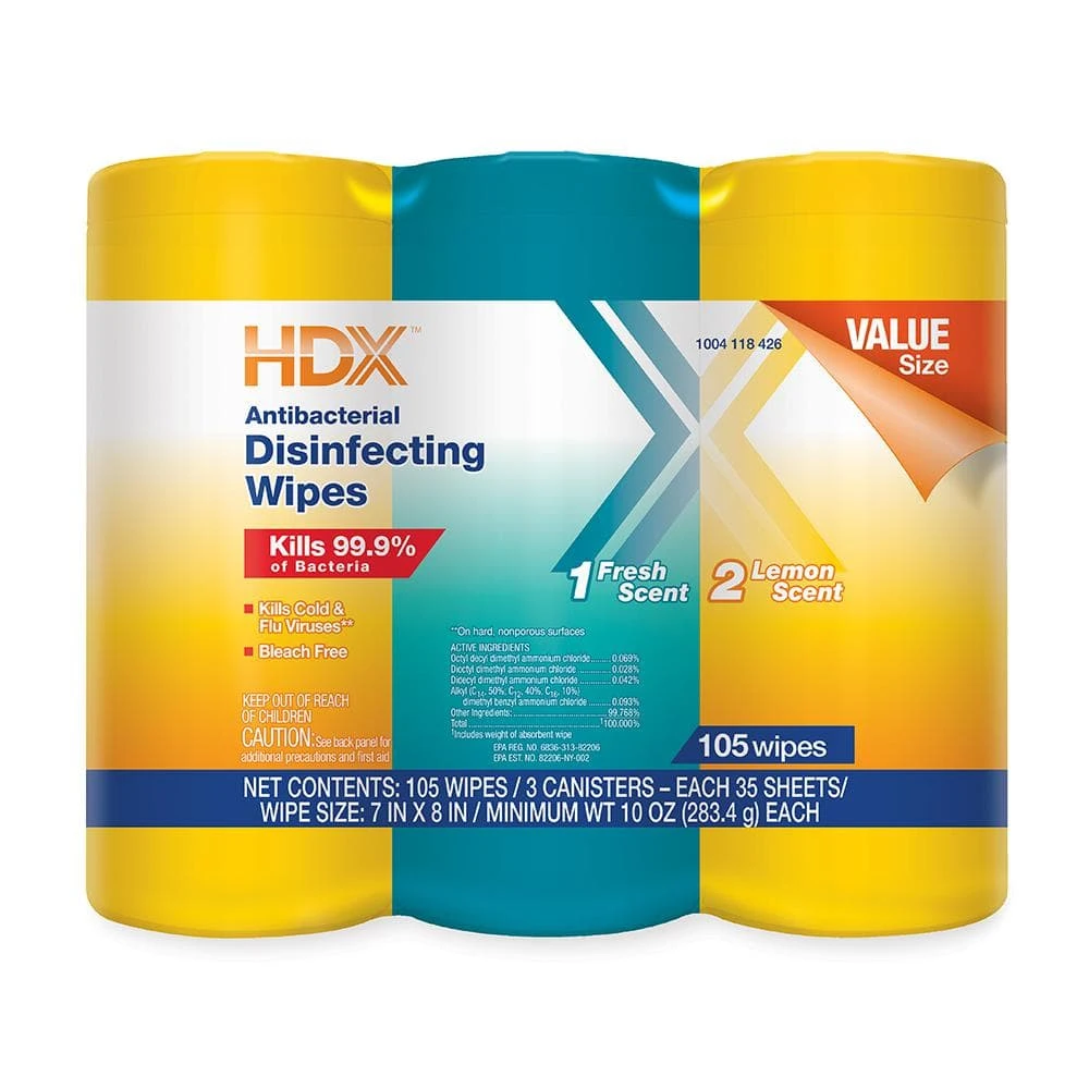 HDX 35-Count Fresh Scent and Lemon Scent Disinfecting Wipes (3-Pack) 1 HDX 35-Count Fresh Scent and Lemon Scent Disinfecting Wipes (3-Pack)