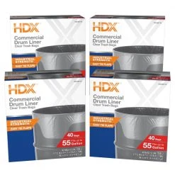 HDX 55 Gal. Clear Heavy-Duty Flap Tie Drum Liner Trash Bags (160-Count, 4-Pack, 40-Count Boxes)