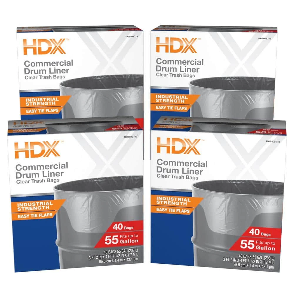 HDX 55 Gal. Clear Heavy-Duty Flap Tie Drum Liner Trash Bags (160-Count, 4-Pack, 40-Count Boxes) 1 HDX 55 Gal. Clear Heavy-Duty Flap Tie Drum Liner Trash Bags (160-Count, 4-Pack, 40-Count Boxes)