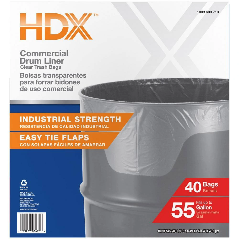 HDX 55 Gal. Clear Heavy-Duty Flap Tie Drum Liner Trash Bags (160-Count, 4-Pack, 40-Count Boxes) 9 HDX 55 Gal. Clear Heavy-Duty Flap Tie Drum Liner Trash Bags (160-Count, 4-Pack, 40-Count Boxes) - Image 9