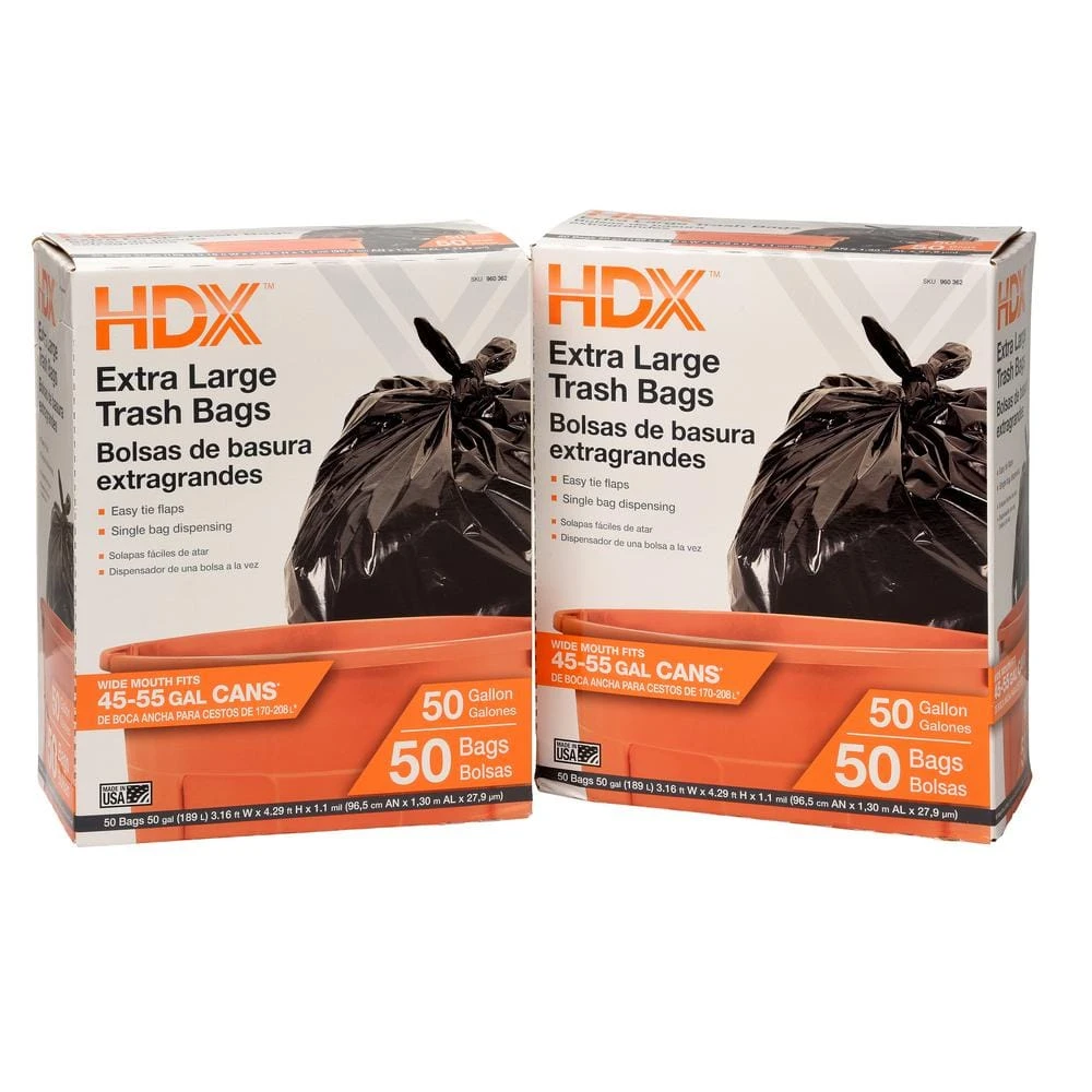 HDX 50 Gal. Black Extra Large Trash Bags (100-Count) 1 HDX 50 Gal. Black Extra Large Trash Bags (100-Count)