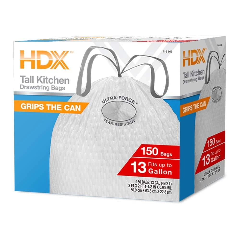 HDX 13 Gal. FLEX White Drawstring Kitchen Trash Bags (150 Count) 1 HDX 13 Gal. FLEX White Drawstring Kitchen Trash Bags (150 Count)