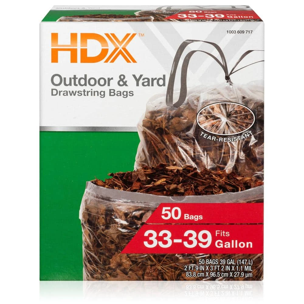HDX 39 Gal. Clear Flex Drawstring Trash Bags (50-Count) - For Outdoor, Yard Waste and Industrial 1 HDX 39 Gal. Clear Flex Drawstring Trash Bags (50-Count) - For Outdoor, Yard Waste and Industrial