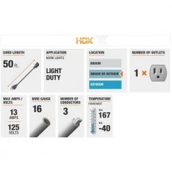HDX 50 ft. 16/3 Light-Duty Indoor/Outdoor Extension Cord, Orange 5 HDX 50 ft. 16/3 Light-Duty Indoor/Outdoor Extension Cord, Orange -EquipEase Shop orange hdx general purpose cords hd 277 517 40 1000
