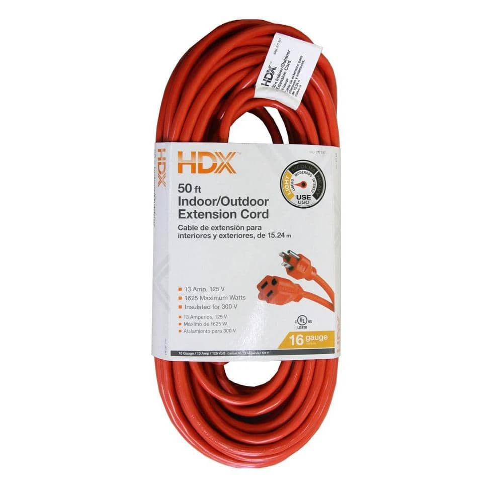 HDX 50 ft. 16/3 Light-Duty Indoor/Outdoor Extension Cord, Orange 1 HDX 50 ft. 16/3 Light-Duty Indoor/Outdoor Extension Cord, Orange