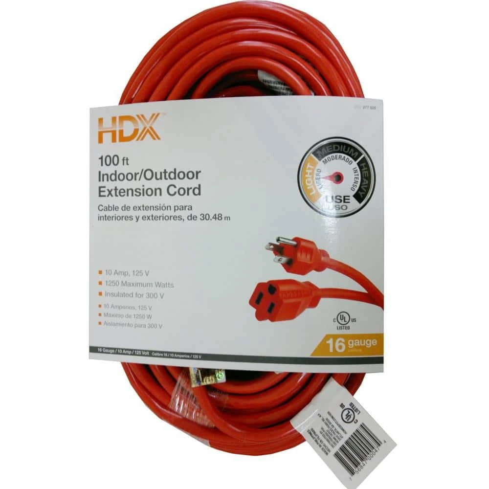 HDX 100 ft. 16/3 Indoor/Outdoor Extension Cord, Orange 1 HDX 100 ft. 16/3 Indoor/Outdoor Extension Cord, Orange